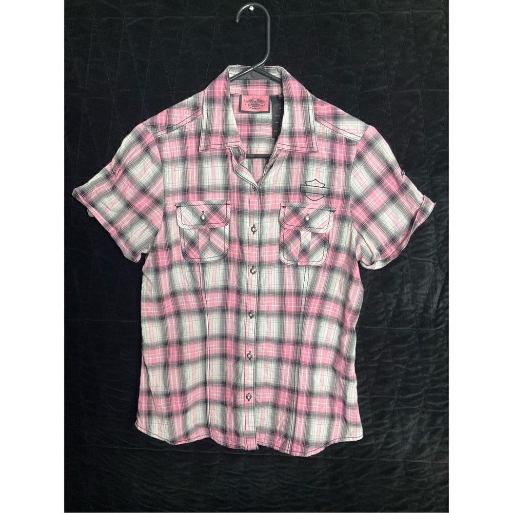 Harley Davidson size Medium pink plaid button top